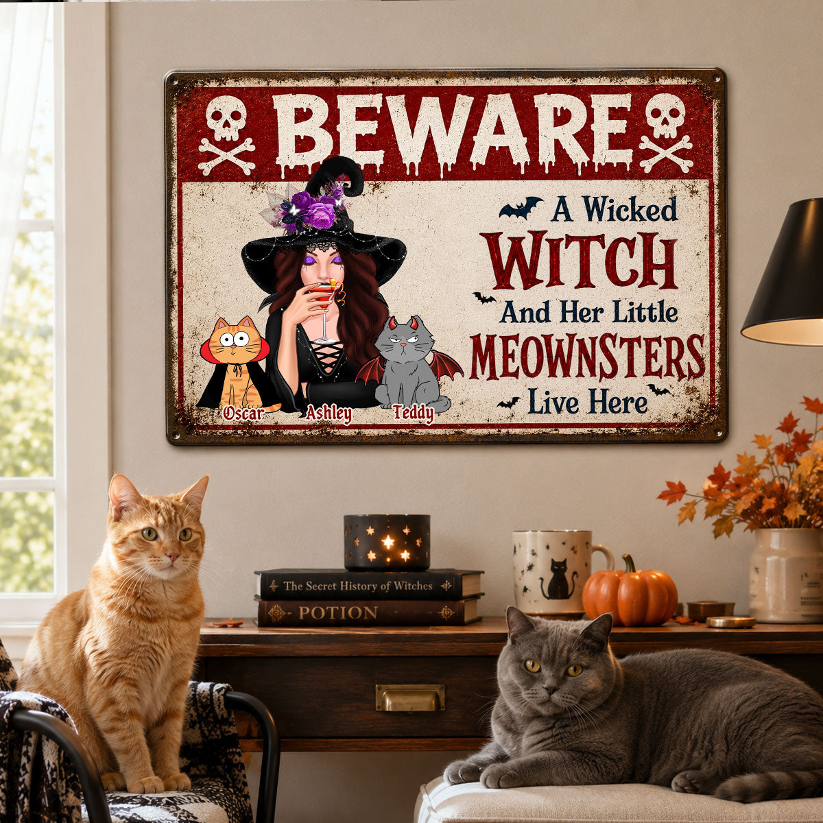 Beware A Wicked Witch And Her Little Meownsters - Personalized Metal Sign - Halloween Decor Gift, Gift For Cat Lovers