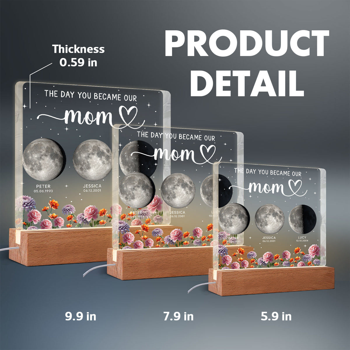 The Day You Became Our Mom, Custom Moon Phase by Date - Personalized Acrylic Block LED Night Light, Custom Birth Flowers, Mother's Day Gift for Mom