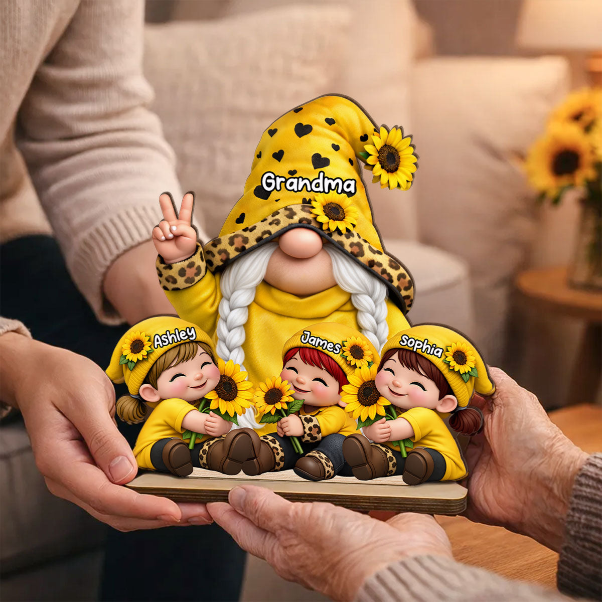 Gnome Grandma & Grandkids Sunflower - Personalized 2-Layered Wooden Plaque - Sentimental Mother's Day Gift for Grandma