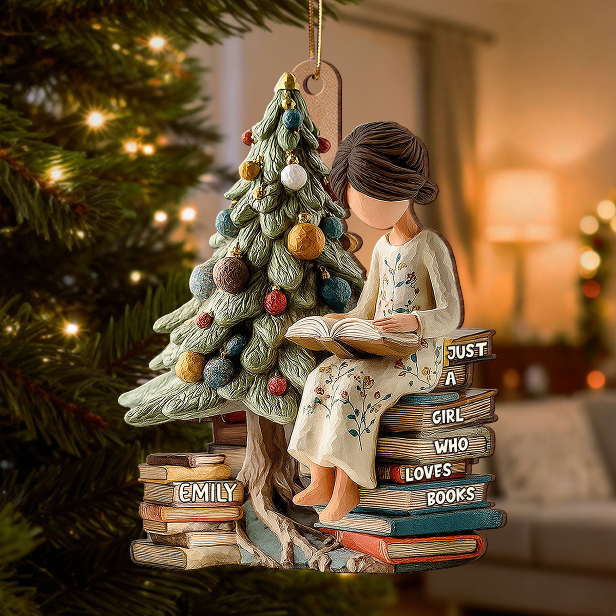 Holiday Reading By The Tree 3D Effect - Personalized Wooden Ornament - Christmas Gift For Book Lover, Bookworm