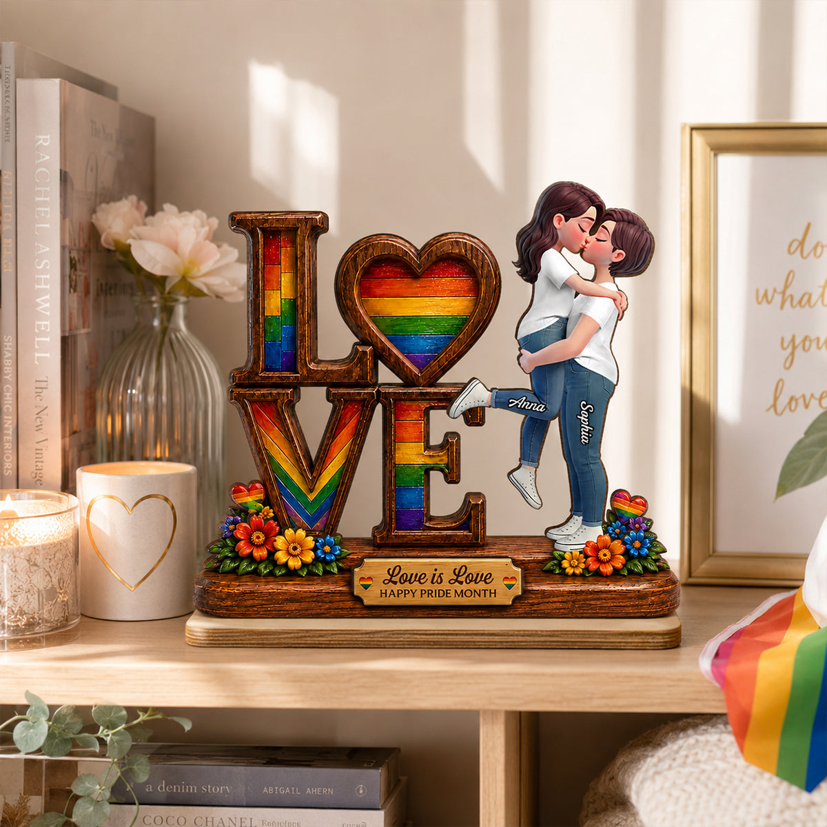 Pride Month Romantic Kissing Couple - Personalized 2-Layered Wooden Plaque - Gift For Couple, Happy Pride Month