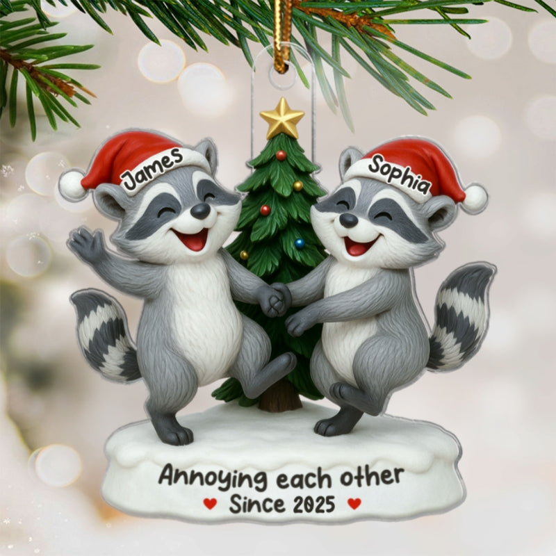 3D Effect Raccoon Couple Annoying Each Other - Personalized Acrylic Ornament - Funny Gift For Couple, Gag Gift