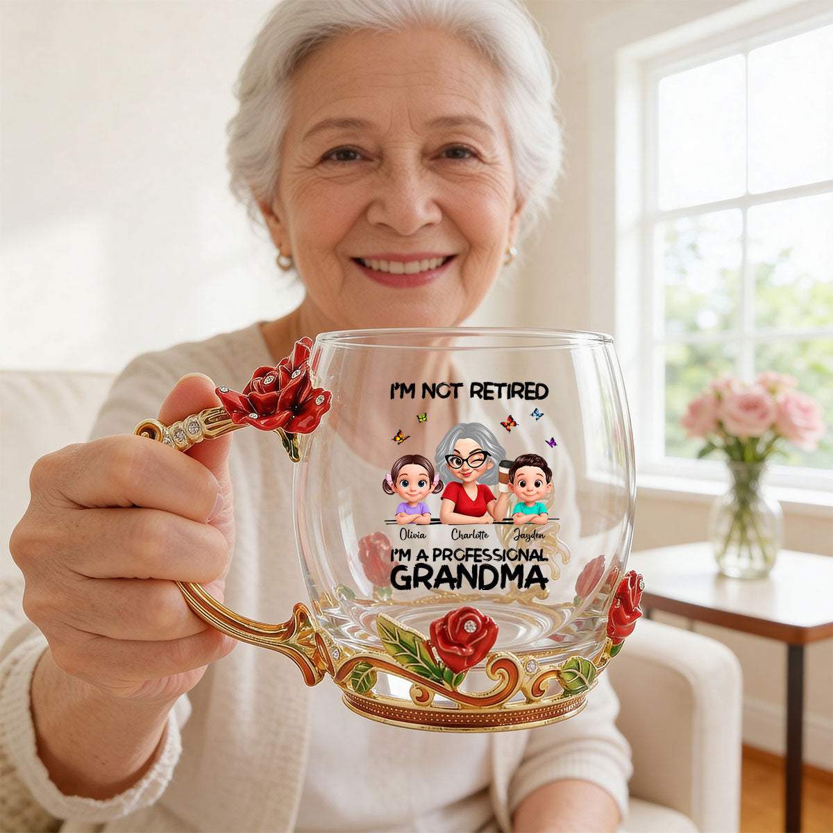 Not Retired Professional Grandma - Personalized Enamel Flower Tea Cup - Gift For Retired Grandma, Mom