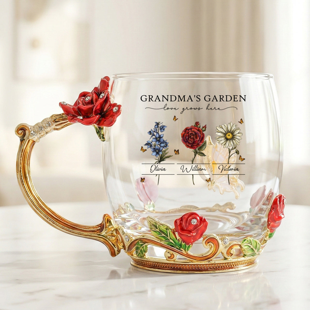 Vintage Grandma Garden Custom Birth Month Flowers - Personalized Enamel Flower Tea Cup - Gift For Grandma, Mom