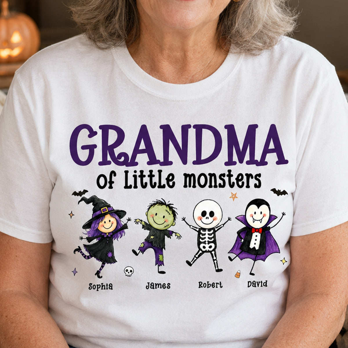 Grandma Mom Of Little Monsters Cute Doodle Characters - Personalized Shirt - Halloween Costume For Mom Grandma