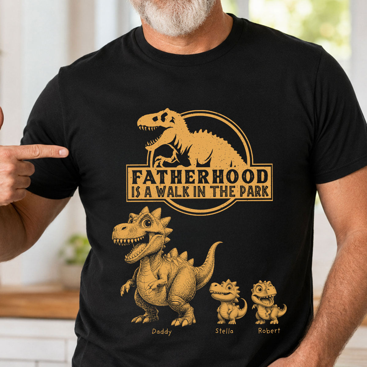 Retro Yellow Vintage Fatherhood Is A Walk In The Park Dinosaurs - Personalized Shirt - Funny Father's Day Gift For Dad, Husband