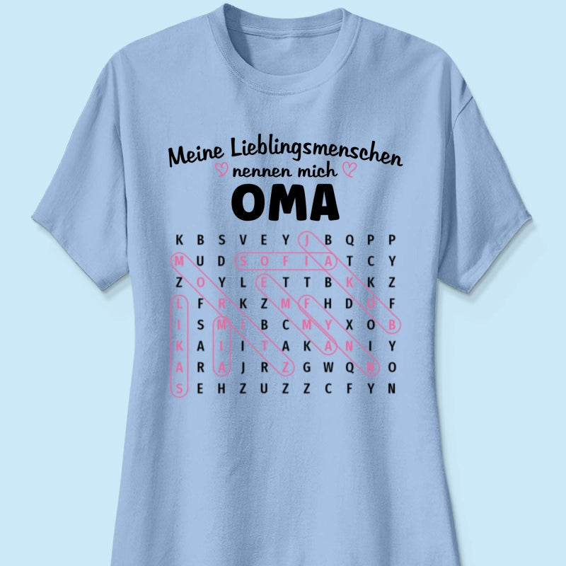 Meine Lieblingsmenschen nennen mich Oma Wortsuchrätsel – Personalisiertes Shirt – Geschenk für Oma