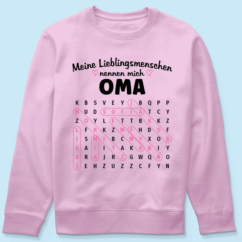 Meine Lieblingsmenschen nennen mich Oma Wortsuchrätsel – Personalisiertes Shirt – Geschenk für Oma