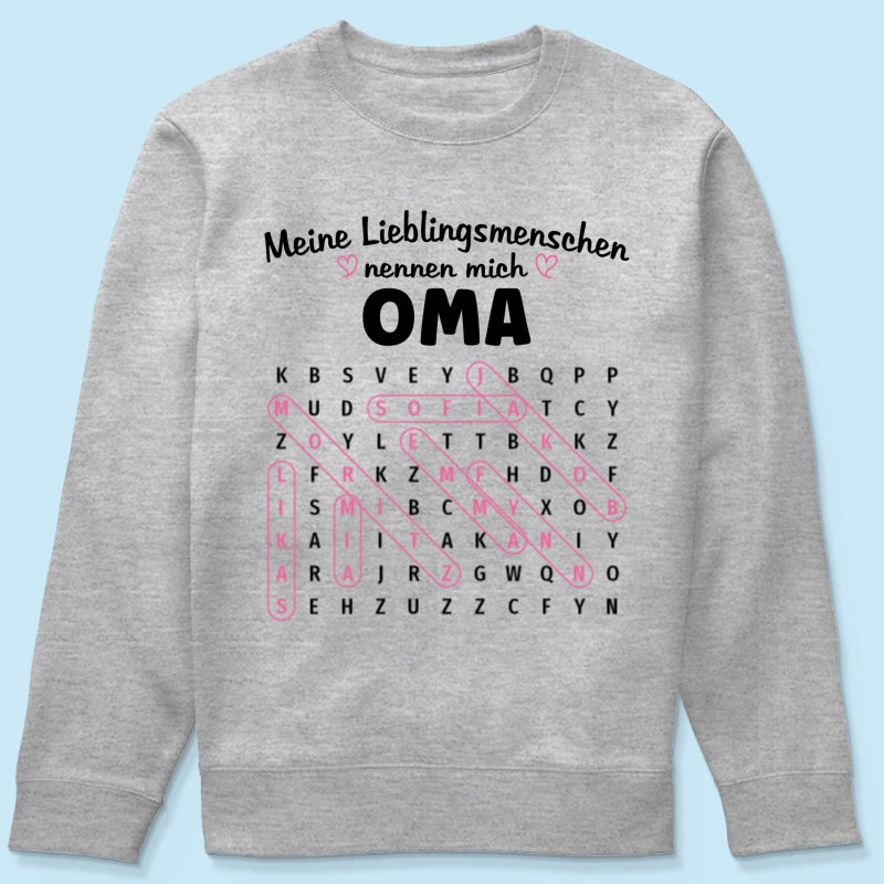 Meine Lieblingsmenschen nennen mich Oma Wortsuchrätsel – Personalisiertes Shirt – Geschenk für Oma