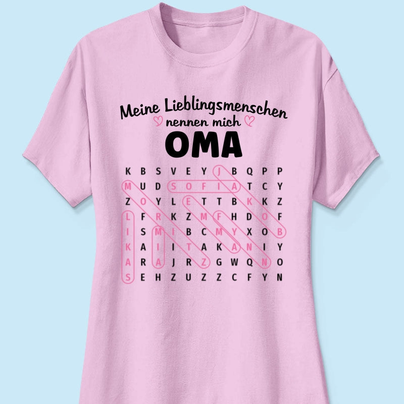 Meine Lieblingsmenschen nennen mich Oma Wortsuchrätsel – Personalisiertes Shirt – Geschenk für Oma