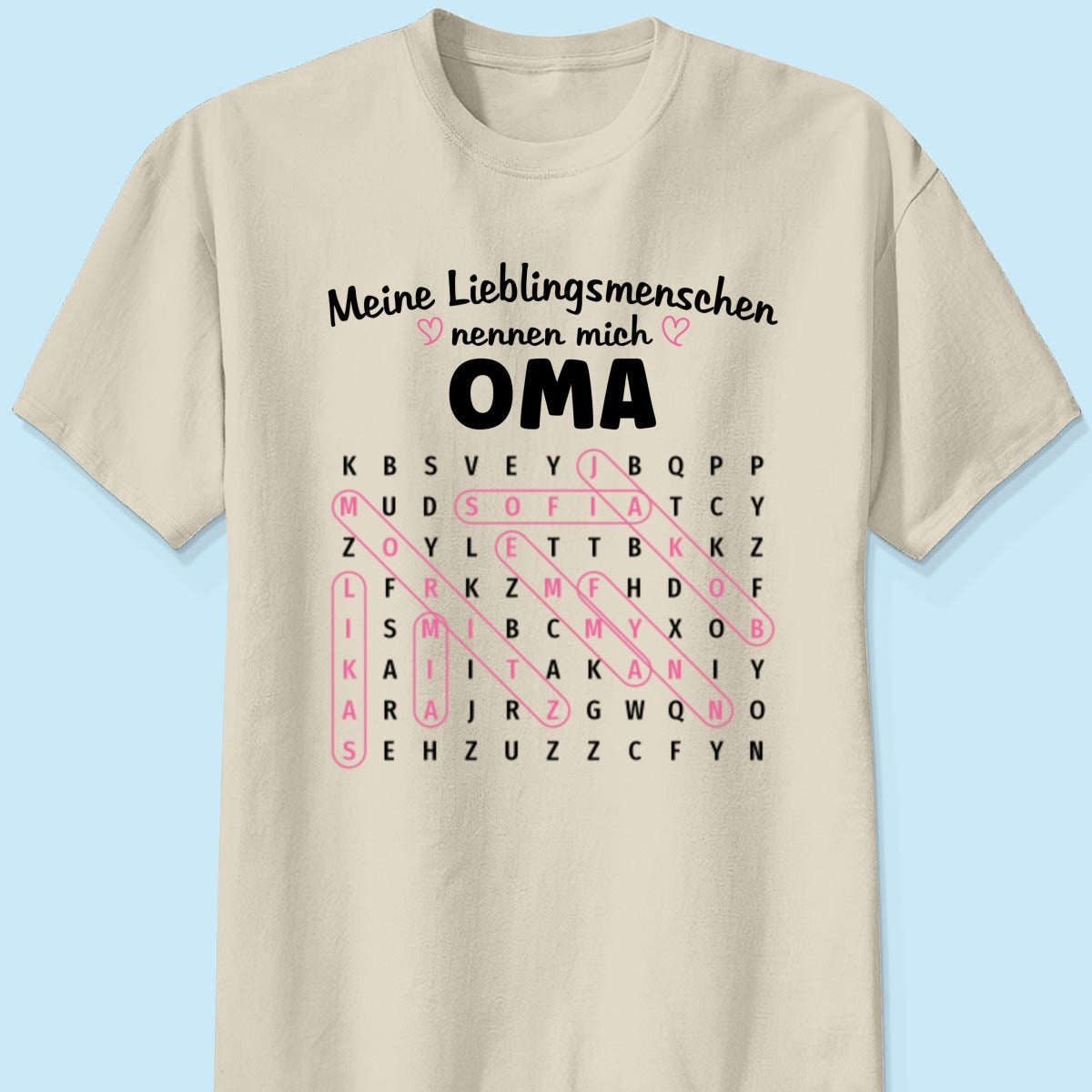 Meine Lieblingsmenschen nennen mich Oma Wortsuchrätsel – Personalisiertes Shirt – Geschenk für Oma