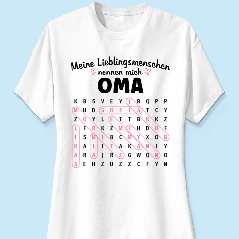 Meine Lieblingsmenschen nennen mich Oma Wortsuchrätsel – Personalisiertes Shirt – Geschenk für Oma