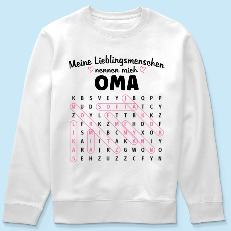Meine Lieblingsmenschen nennen mich Oma Wortsuchrätsel – Personalisiertes Shirt – Geschenk für Oma