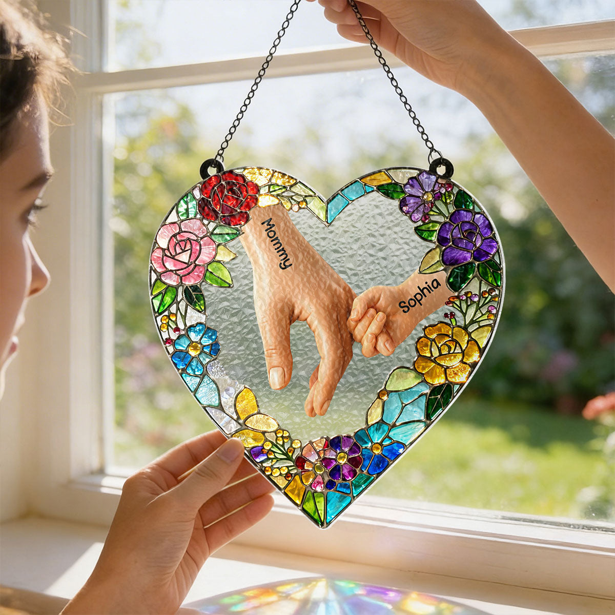 Kids Holding Mom Hand - Personalized Window Hanging Suncatcher - Mother's Day Gift for Mom, Wife