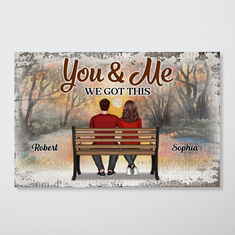 Couple Sitting On Bench Sunset Forest Personalized Horizontal Poster