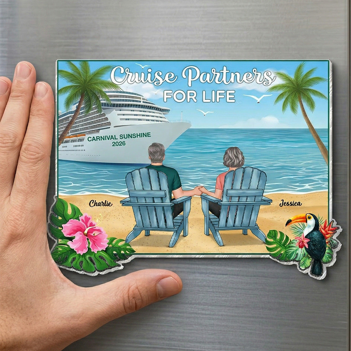 We're In Cruise Mode Back View Couple Sitting On The Beach - Personalized Cruise Ship Door Magnet