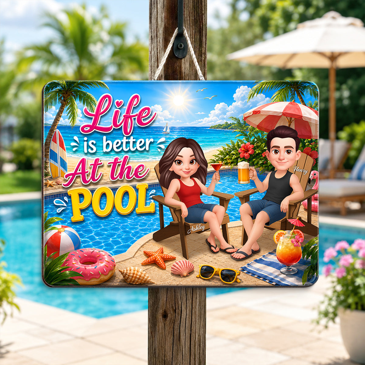 Life is Better at the Pool Summer Couple - Personalized Wood Sign - Summer Decor, Summer Housewarming Gift