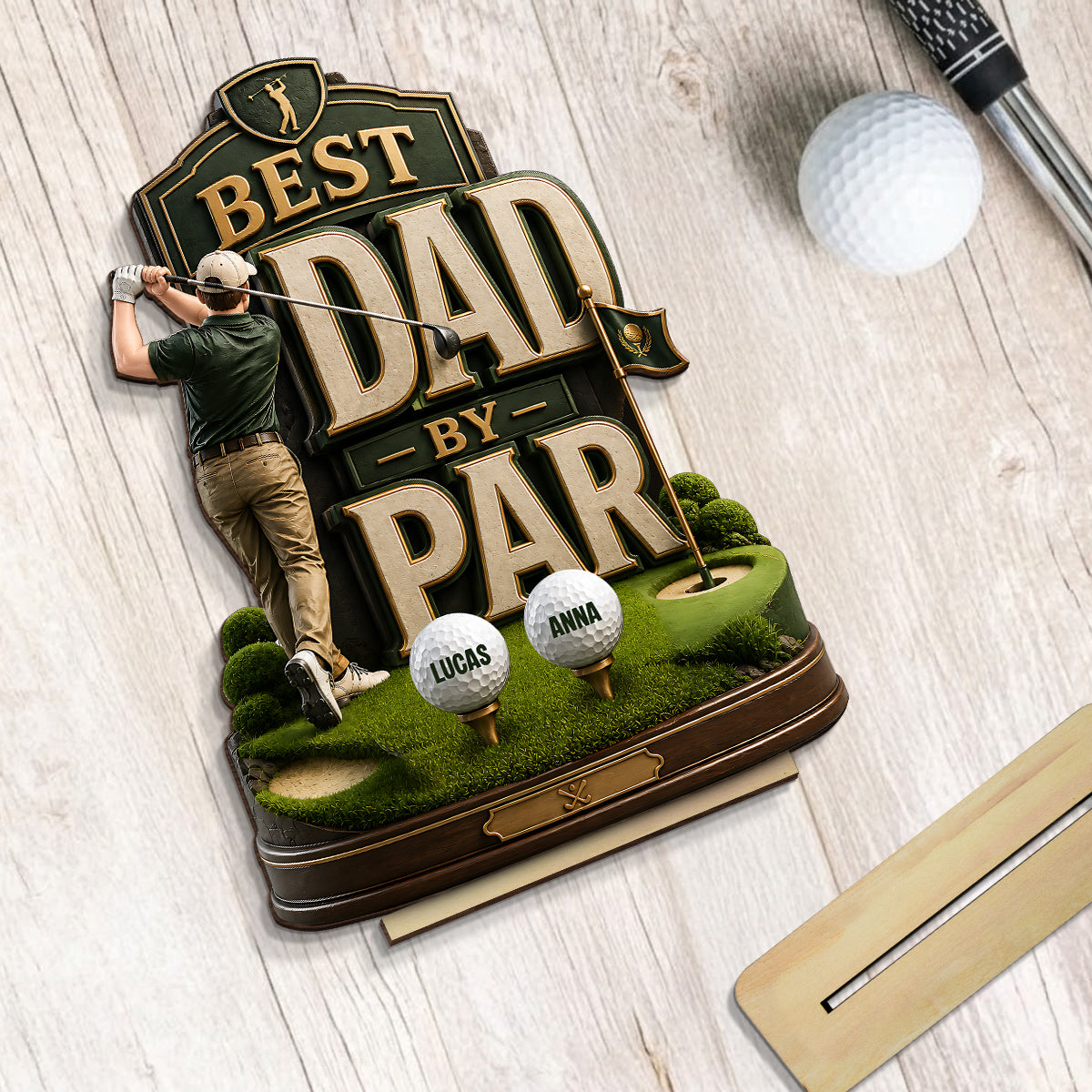 Golf Dad & Kids Best Dad By Par - Personalized 2-Layered Wooden Plaque -  Gift For Dad, Husband