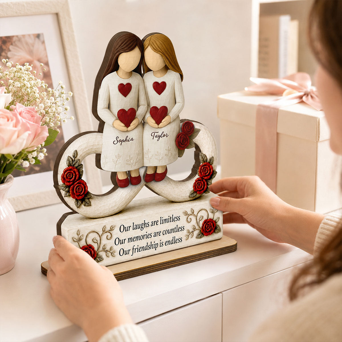 Roses Besties Infinity Our Friendship Is Endless - Personalized 2-Layered Wooden Plaque - Birthday Gift, Gift For Best Friends