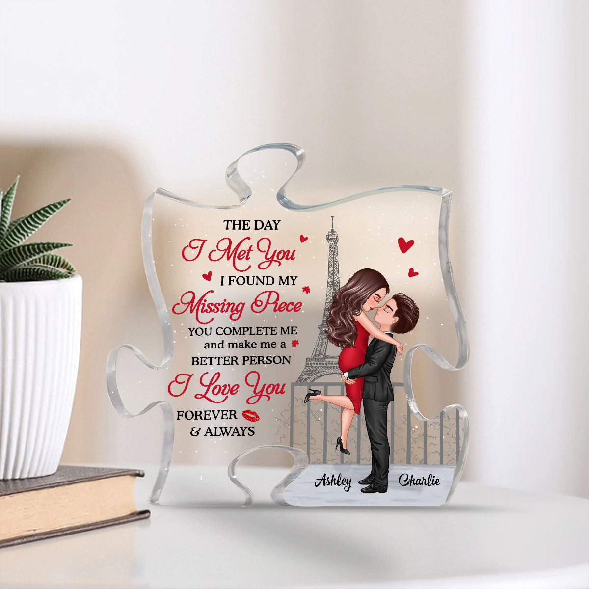 The Day I Met You I Found My Missing Piece, Personalized Couple Puzzle Shaped Acrylic Plaque, Gift For Husband Wife, Anniversary, LGBTQ+