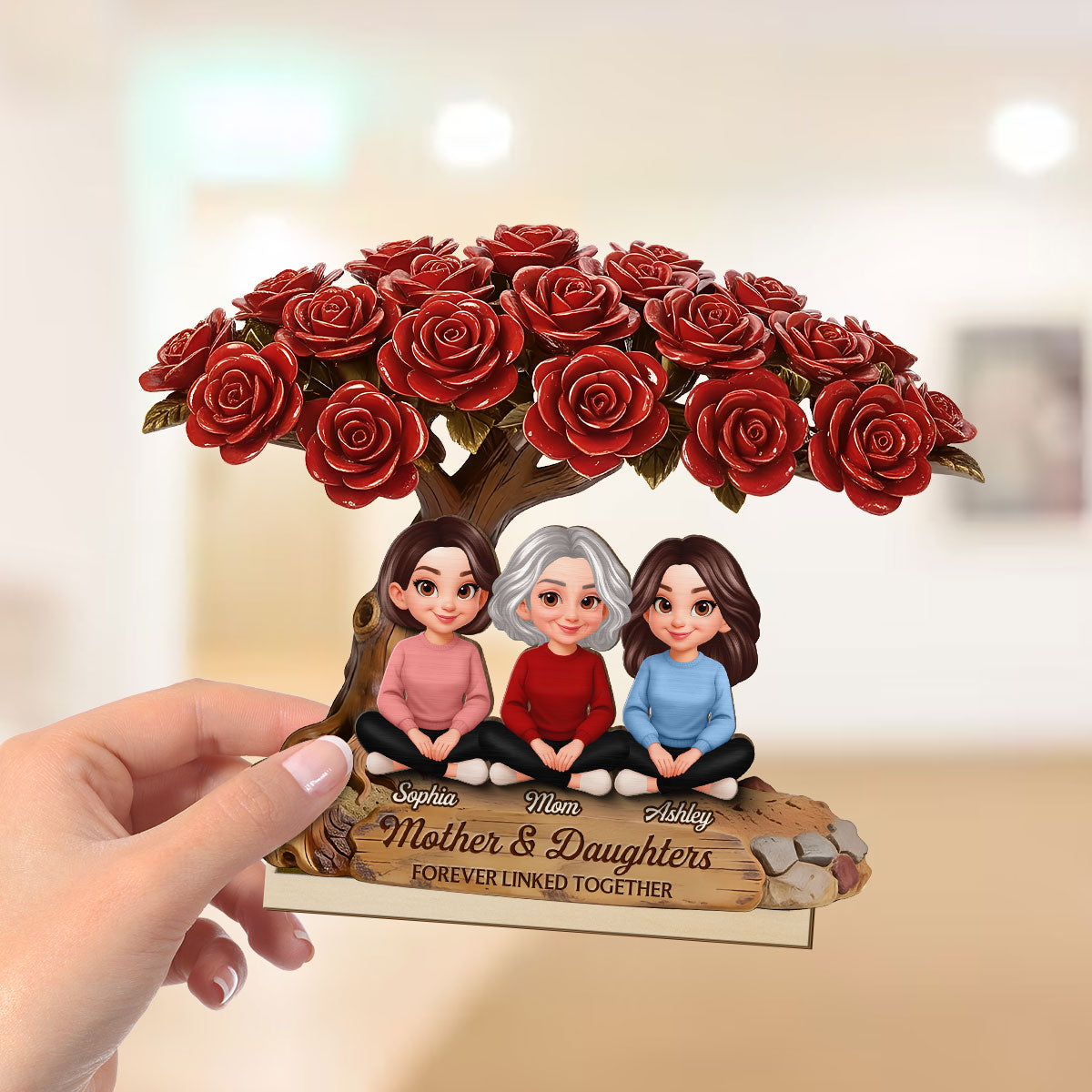 Vintage Rose Tree Mom And Daughter Son - Personalized 2-Layered Wooden Plaque - Gift For Mom