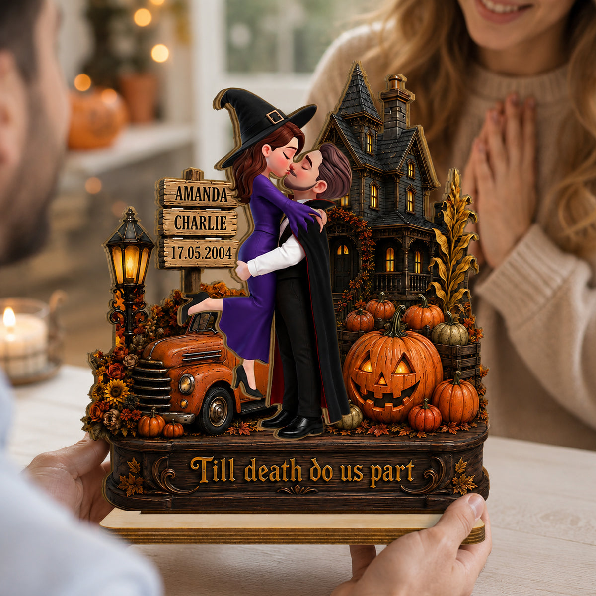 Couple Halloween Haunted House - Personalized 2-Layered Wooden Plaque - Halloween Decor Keepsake for Her, for Him