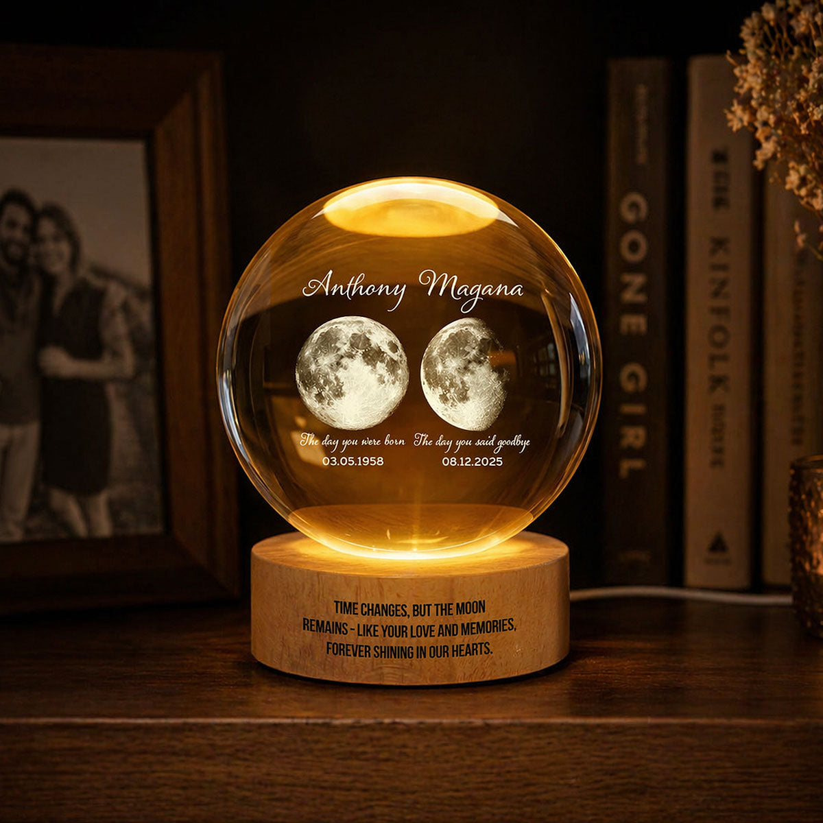 Lost Loved One Moon Phase Art - Personalized Crystal Ball LED Night Light - Memorial Keepsake Sympathy Gift