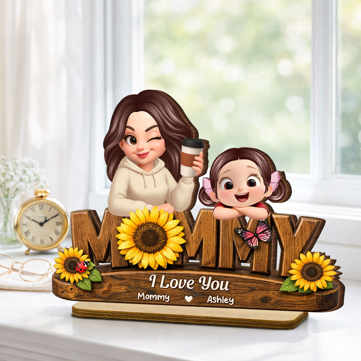 Mommy We Love You Sunflower Pattern - Personalized 2-Layered Wooden Plaque - Heartfelt Mother's Day Gift for Mom, Wife, Farmhouse Decor