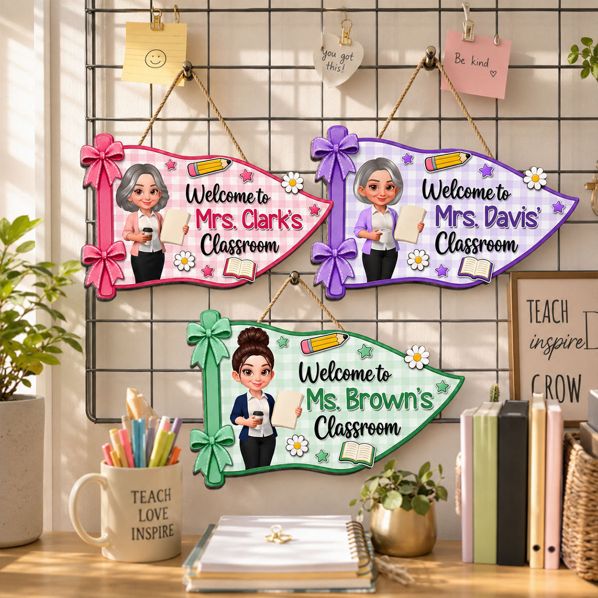 Welcome To Teacher Classroom Pennant Flag Shaped - Personalized Wood Sign
