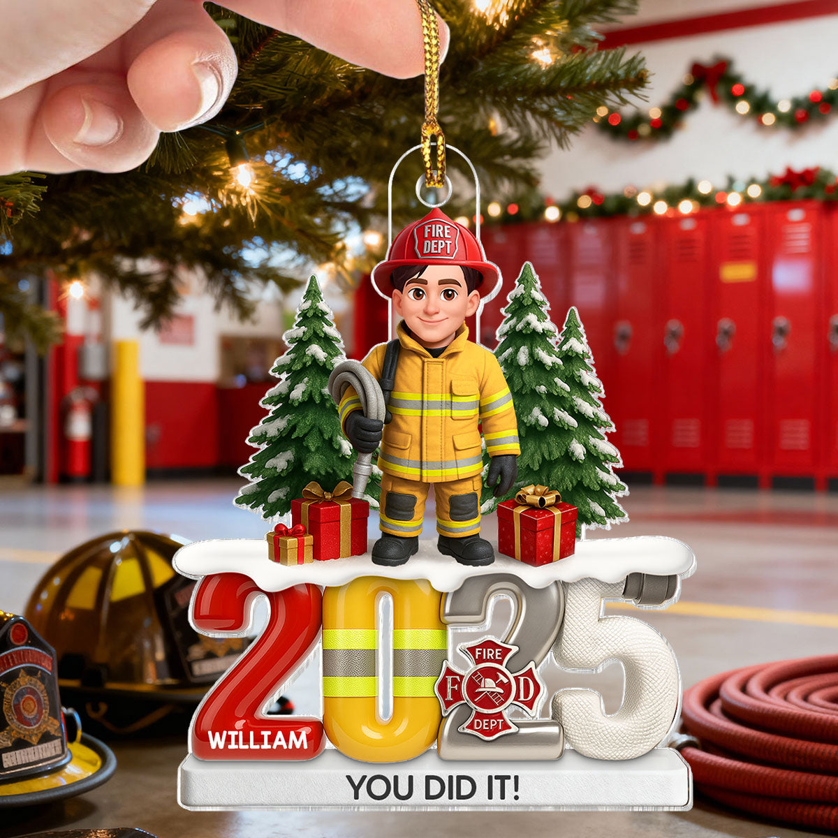 2025 Firefighter Christmas Tree You Did It - Personalized Acrylic Ornament - Fire Academy Graduation Gift, Promotion Gift