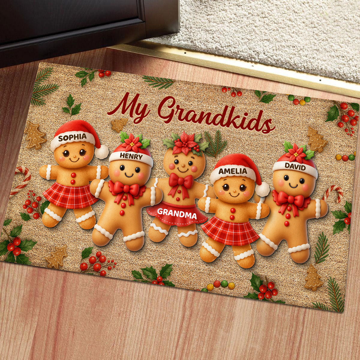 Gingerbread Grandparents and Grandkids - Personalized Doormat - Christmas Gift for Family
