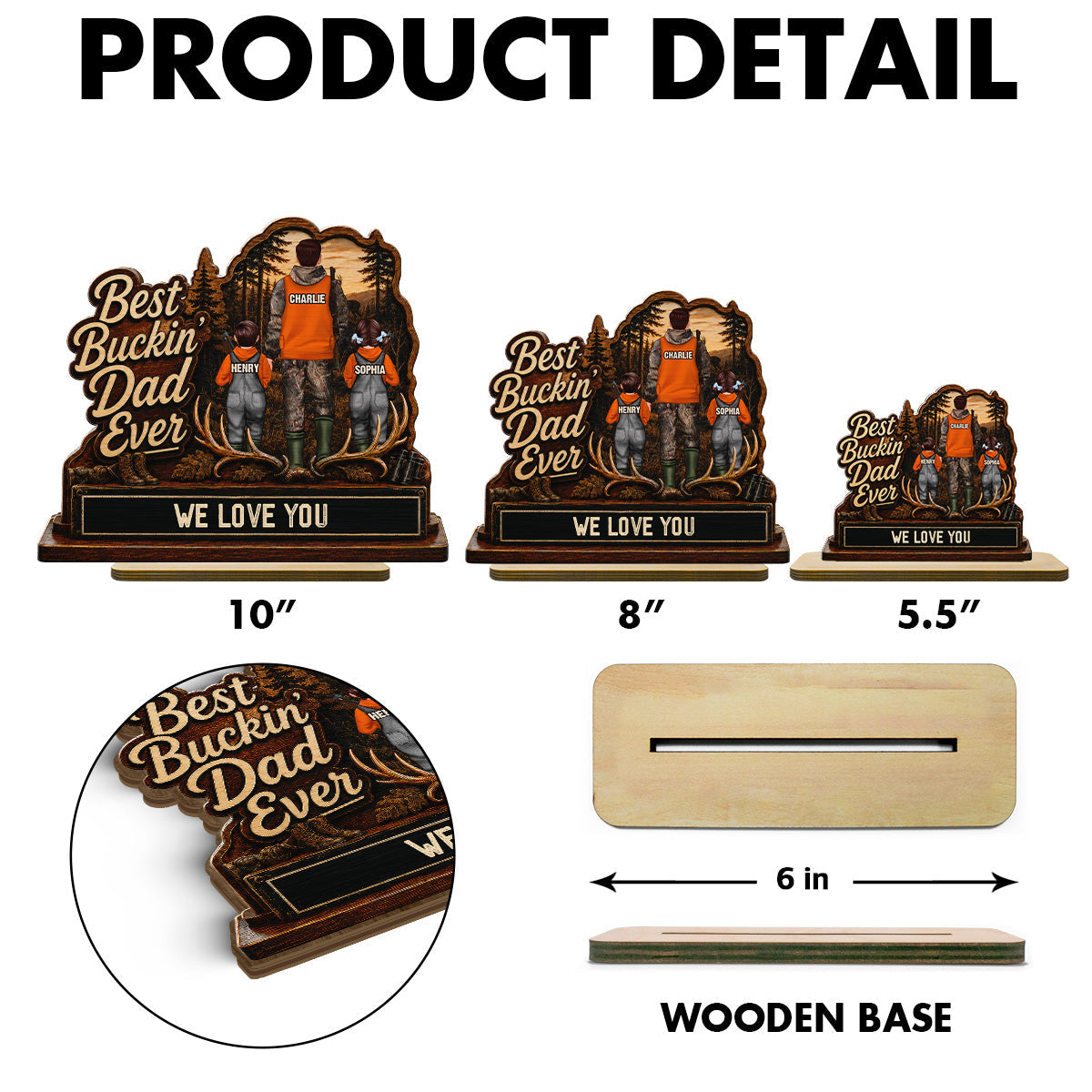 Best Buckin' Dad Papa Ever Hunting Man & Kids 2D Flat - Personalized 2-Layered Wooden Plaque -  Gift For Hunting Dad, Grandpa