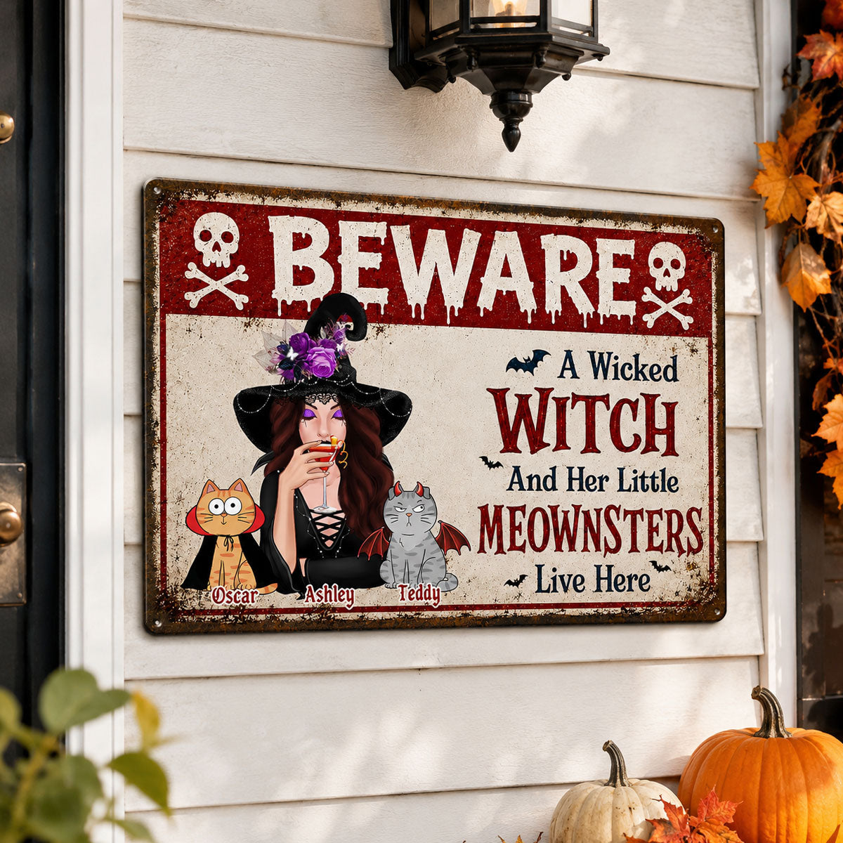 Beware A Wicked Witch And Her Little Meownsters - Personalized Metal Sign - Halloween Decor Gift, Gift For Cat Lovers