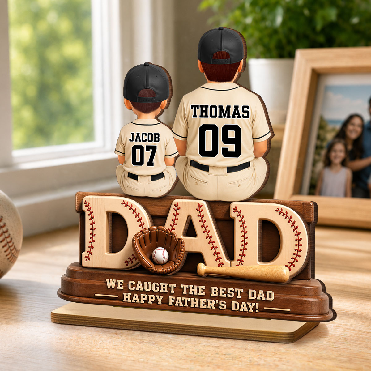 We Caught the Best Baseball Dad, Dad & Kids Back View - Personalized 2-Layered Wooden Plaque -  Gift for Dad, Husband