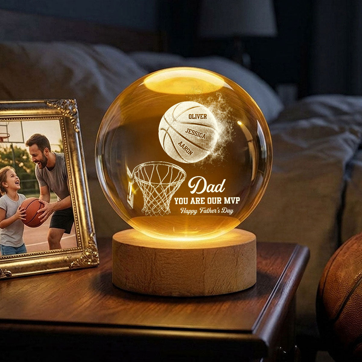 Basketball No 1 Dad Legend You Are Our MVP - Personalized Crystal Ball LED Night Light -  Gift For Dad, Husband, Basketball Fans
