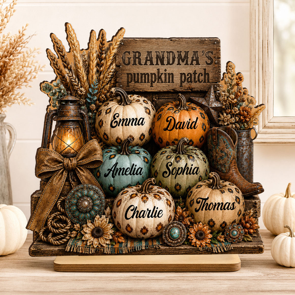 Western Leopard Grandma's Pumpkin Patch - Personalized 2-Layered Wooden Plaque - Fall Halloween Decor for Grandma