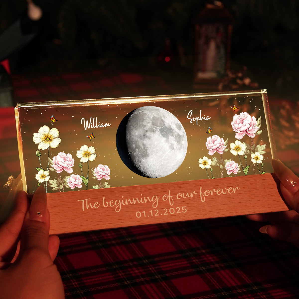 Custom Couple Birth Month Flowers Our Moon Custom Moon Phase Art - Personalized Acrylic Block Plaque LED Night Light - Gift For Couple
