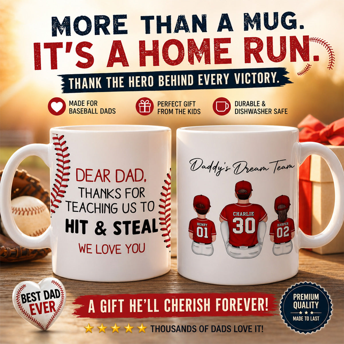 Thank You For Teaching Us To Hit & Steal Back View Baseball Dad & Kids - Personalized Mug - Father's Day Gift For Dad, Husband