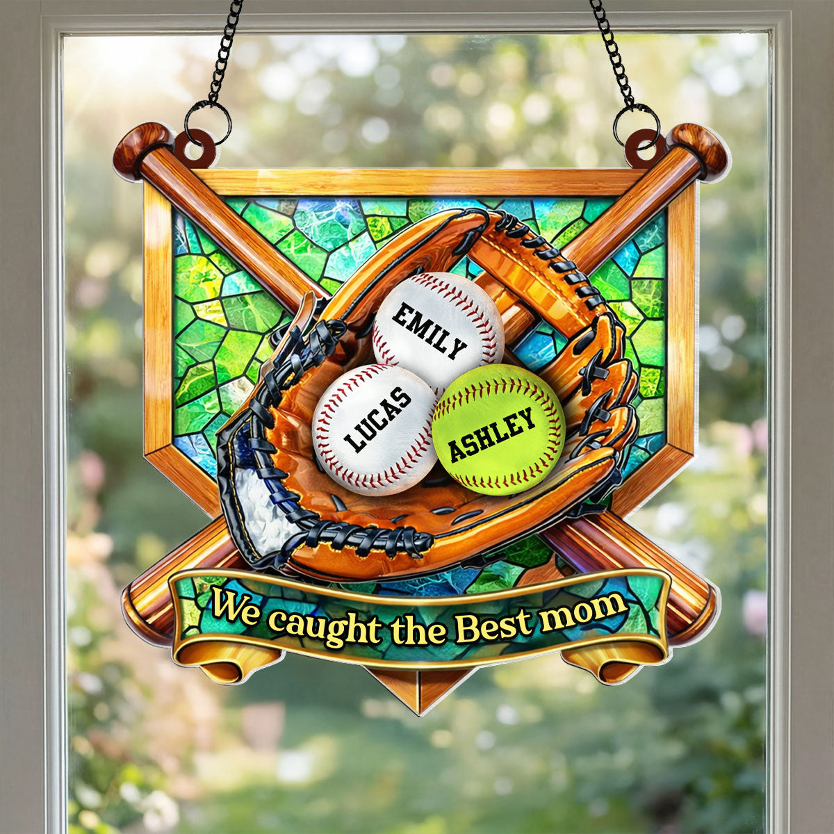 Baseball Glove We Caught the Best Mom - Personalized Suncatcher - Mother's Day Gift for Mom, Wife