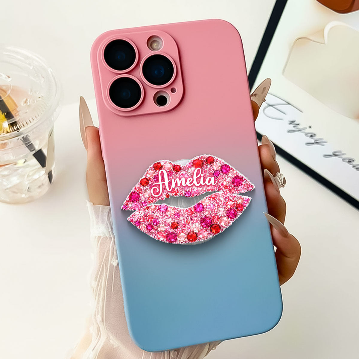 3D Effect Kiss Valentine - Personalized Acrylic Magnetic Phone Grip - Anniversary, Valentine's Day Gift, Gift For Her