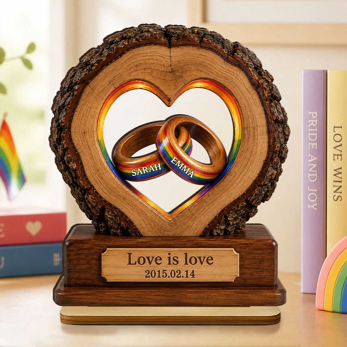 Love is Love LGBTQ+ Couple Anniversary - Personalized 2-Layered Wooden Plaque - Heartfelt Gift for Her, for Him