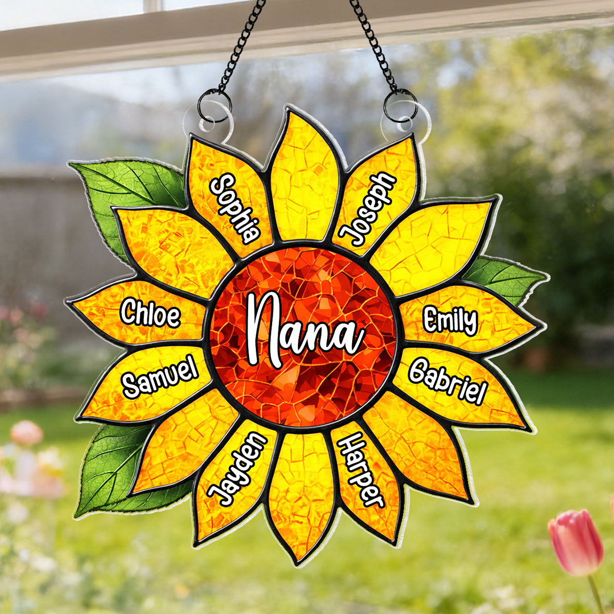 Grandkids Name In Sunflower Daisy - Personalized Suncatcher - Mother's Day Home Decor Gift For Grandma