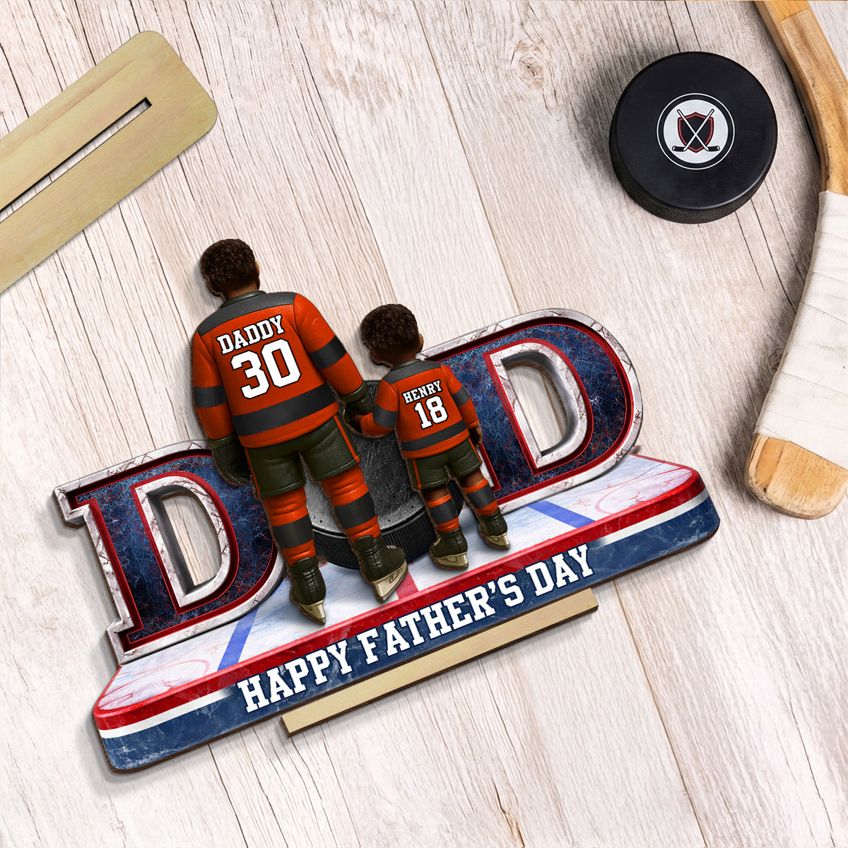 Hockey Dad And Kids Together - Personalized 2-Layered Wooden Plaque - Heartfelt Gift For Hockey Dad, Gift For Husband