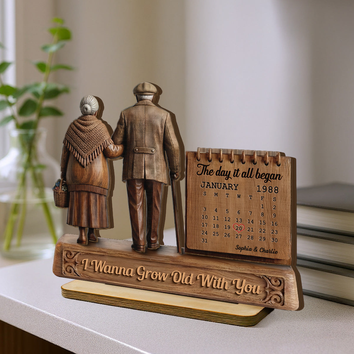 Old Couple Walking Side By Side Anniversary Date Calendar 2D Flat - Personalized 2-Layered Wooden Plaque