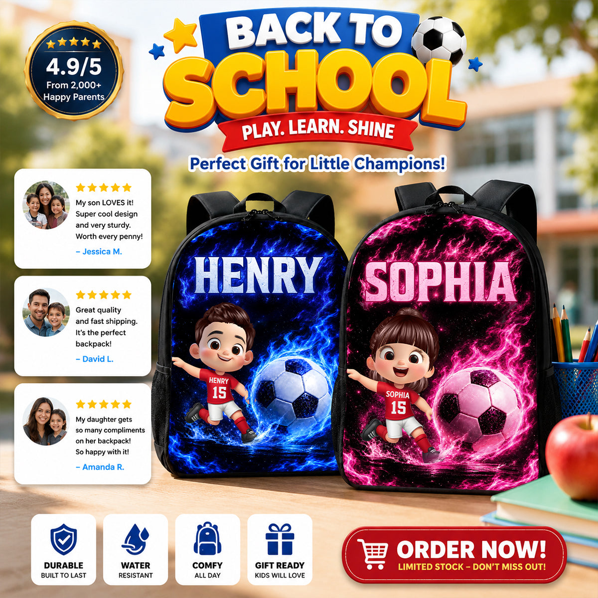 Soccer Trendy Design Backpack for Boys Girls - Personalized Backpack - Back to School Gift for Daughter, Son