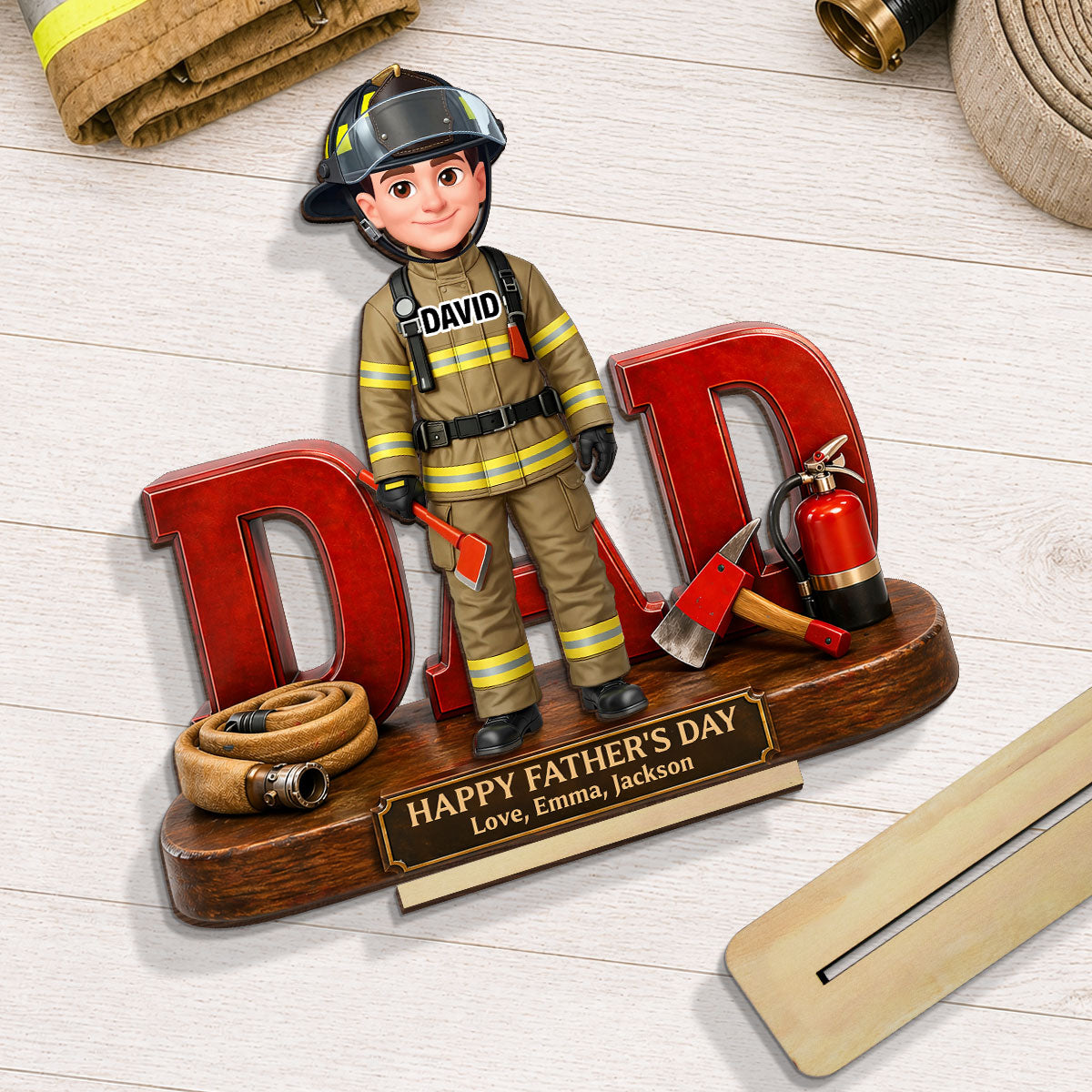 Proud American Firefighter Dad - Personalized 2-Layered Wooden Plaque -  Gift For Dad