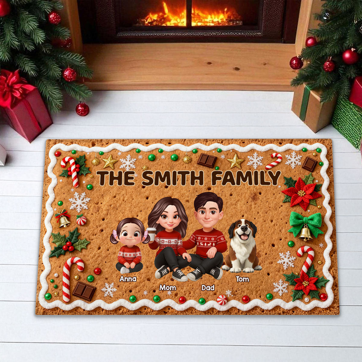 3D Effect Gingerbread Family Together Christmas - Personalized Doormat