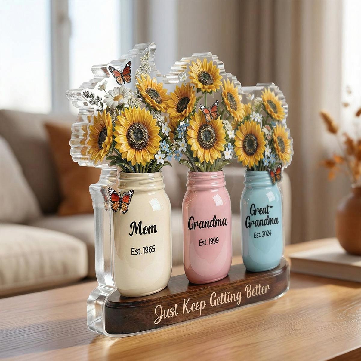 Mom Grandma Great Grandma Sunflowers Jars Est. Years 2D Flat - Personalized Acrylic Block Plaque