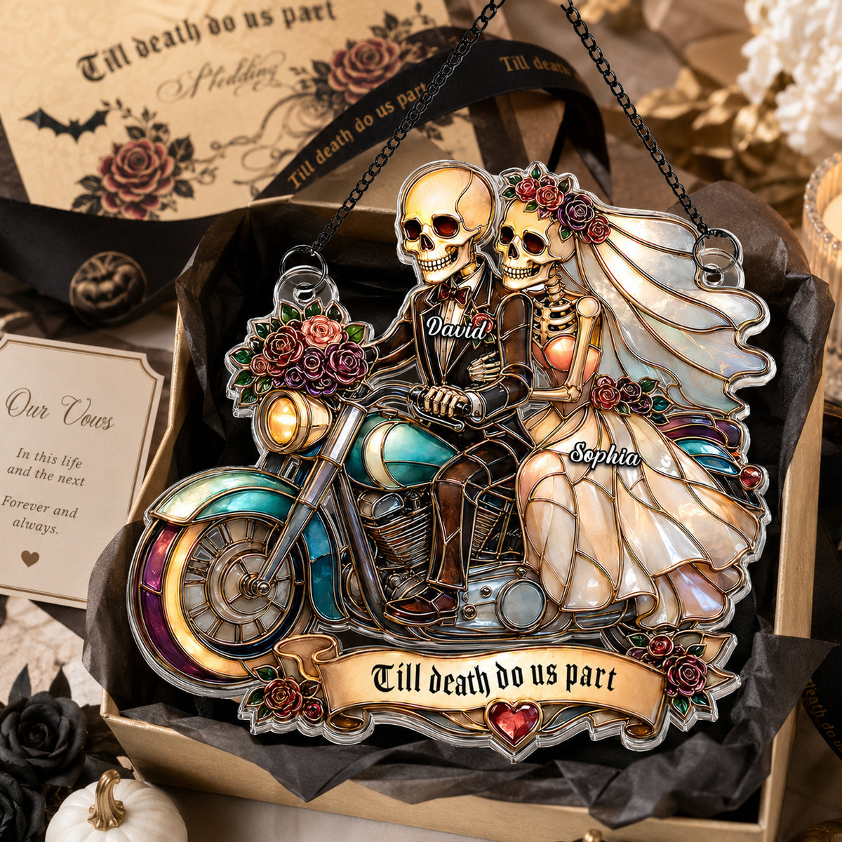 Just Married Skeleton Couple Halloween - Personalized Acrylic Window Hanging - Halloween Decor Gift, Gift For Couple