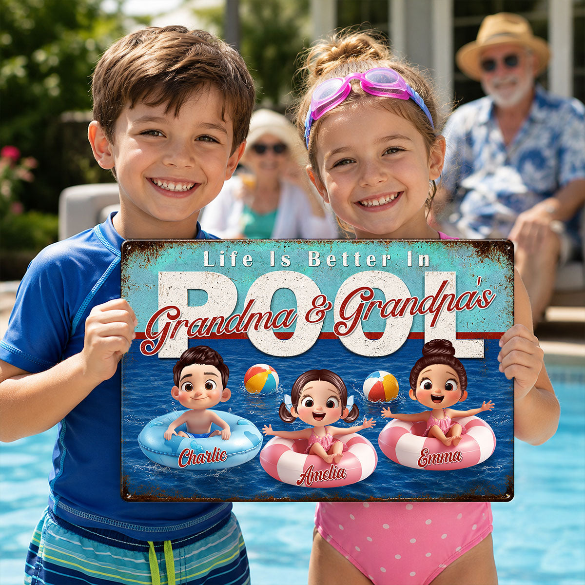 Life is Better in Grandma Grandpa's Pool - Personalized Metal Sign - Summer Decor Gift for Grandma, Grandparents